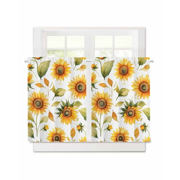 Sunflower Short Blackout Curtains 45 Inch Long Watercolor Spring Flower Farm Rod Pocket Kitchen Curtains, 2 Panels Thermal Insulated Room Darkening Drapes for Bedroom, 30"W x 45"L