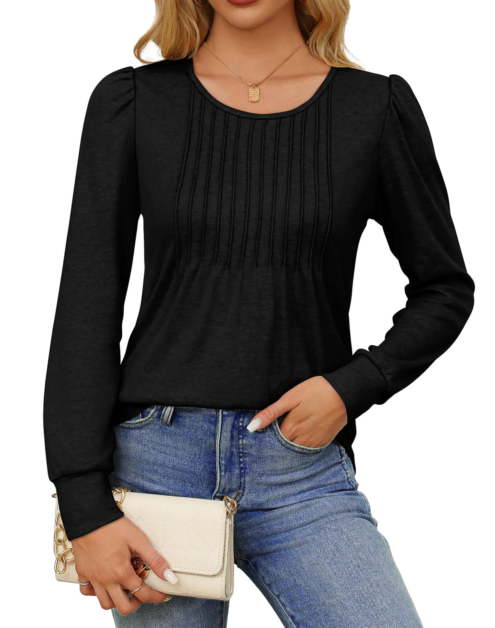 Fantaslook Pleated Blouses for Women Dressy Casual Long Sleeve Shirts Fall Tunic Tops