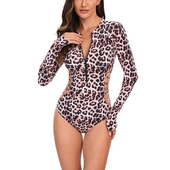 WREESH Womens One Piece Swimsuit Rash Guard Swim Suits Fashion Multicolor Leopard Print Long Sleeved Zipper Swimsuit Bathing Suits Brown