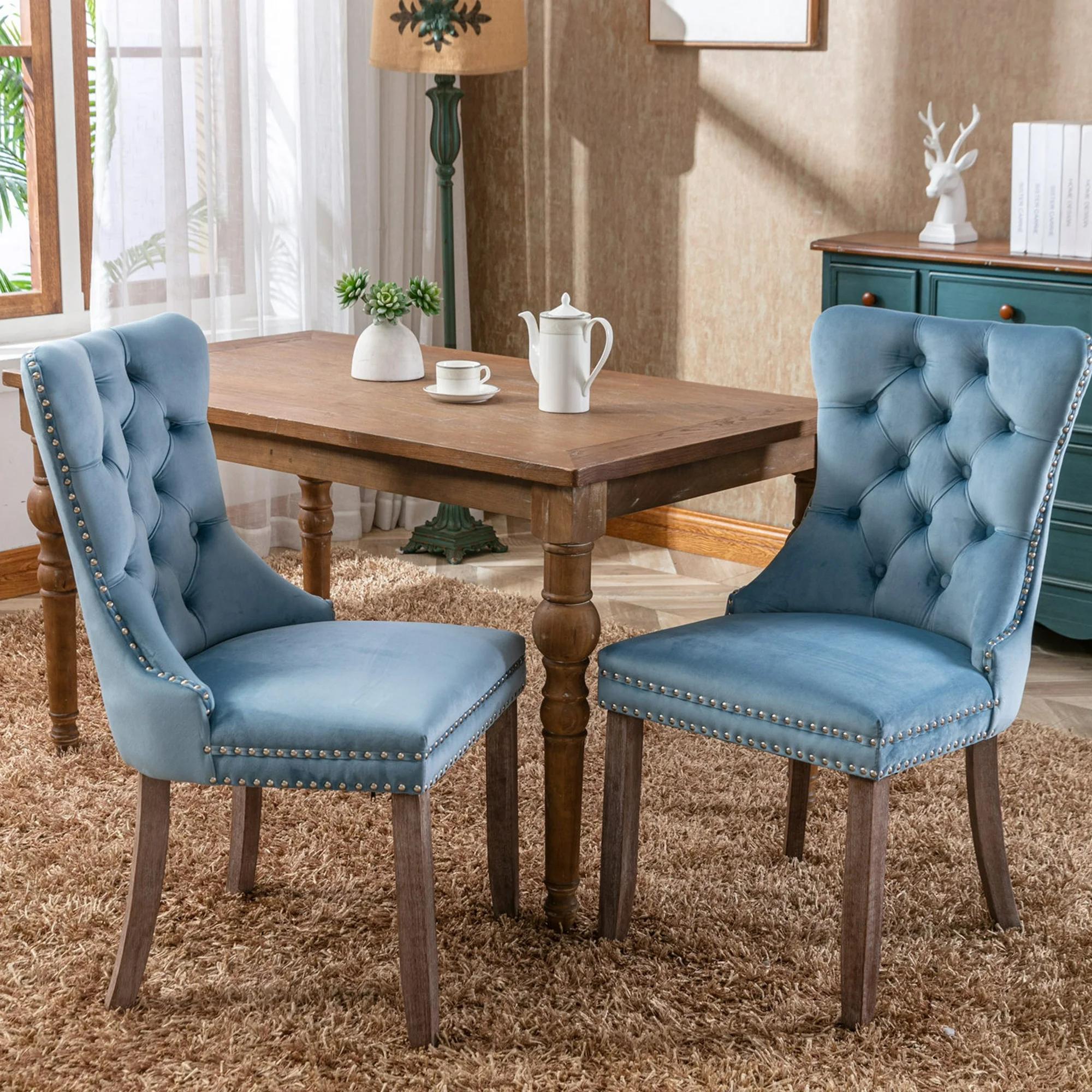 Dining Chairs Set of 2, Upholstered High-End Tufted Dining Room Chair with Back Ring and Nailhead Trim, Modern Velvet Kitchen Chairs with Solid Wood Legs for Kitchen, Home,Light Blue