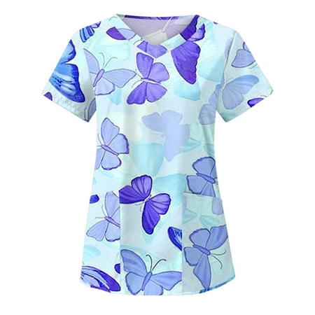 

Sksloeg Scrub Tops Women Stretchy Clearance Butterfly Printed Top Comfort Scrubs Women s V-Neck Workwear Shirts Nursing Working Uniform Blue L
