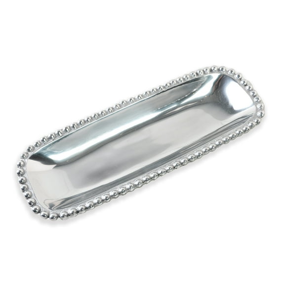 India Handicrafts Brushed Silver Tone Beaded Rectangular 18 inch Aluminum Serving Bowl