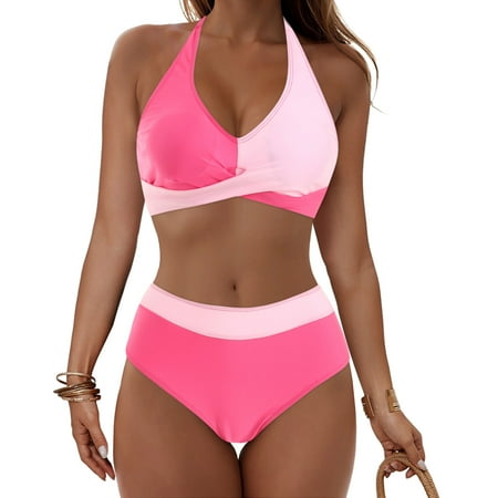 OSFVNOXV Womens Bikini Sets 2-Piece Halter Swimsuit Twist Cross Ruched Color Blocked Deep V-Neck Push Up Bra and Hipster Swimwear Bottom for Bathing Suit Savings