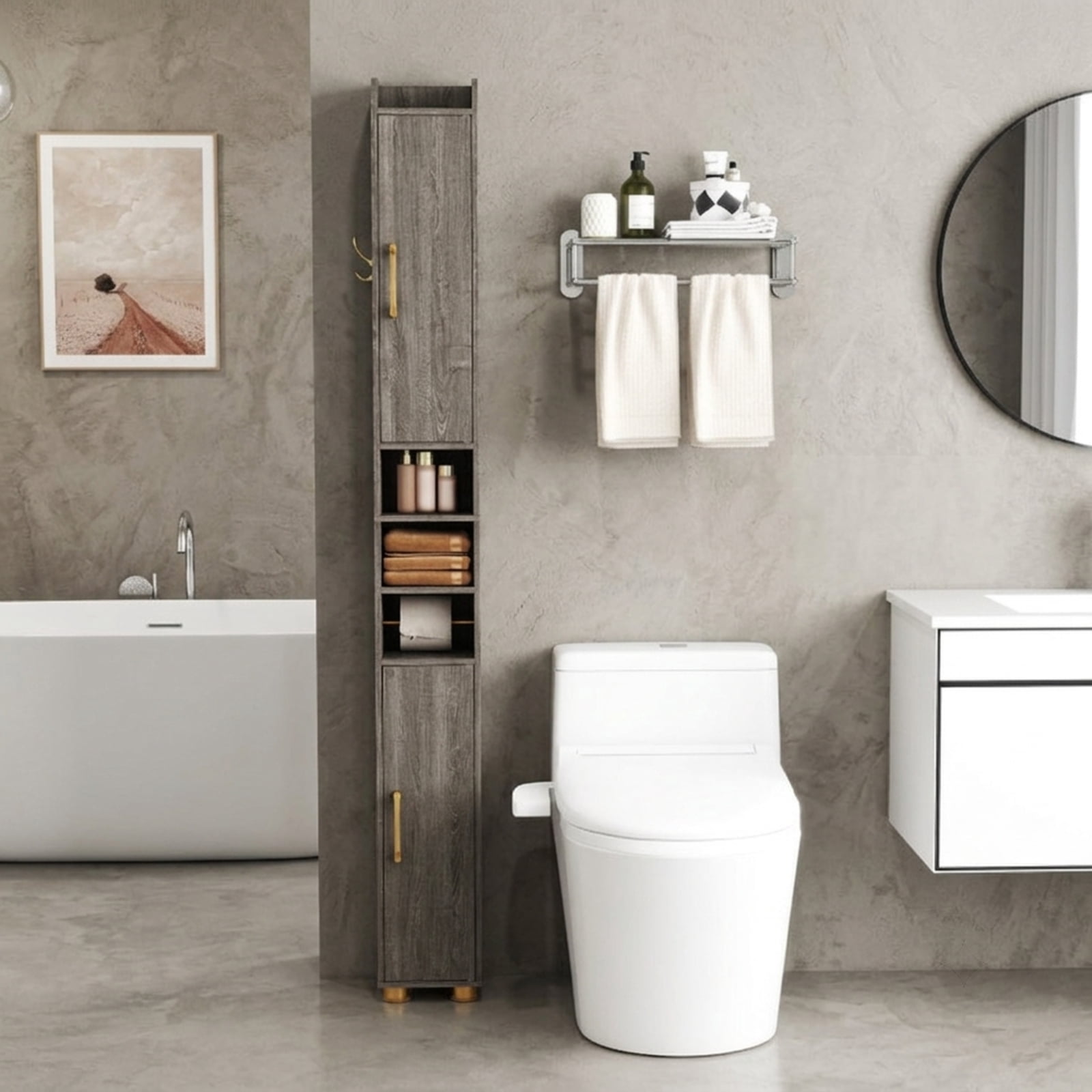 Vebreda Narrow Bathroom Storage Cabinet, Tall Freestanding Slim Tower with 2 Closed Cabinets, Open Shelves and Toilet Paper Holder, Adjustable Shelves, Hook and Golden Handles, Gray