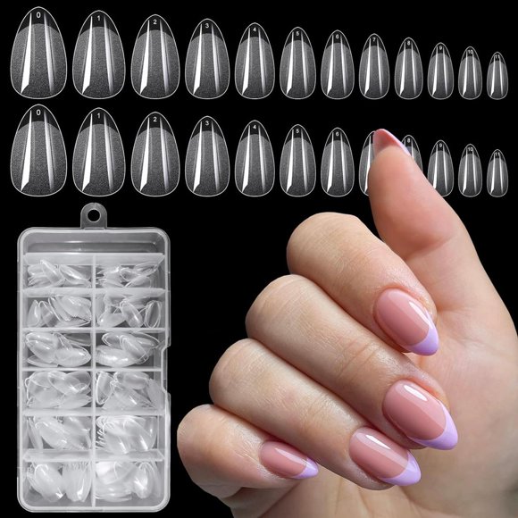 HLONK 240pc Gel X Nail Tips Short Almond Fake Nails Tips Clear False Nail Full Cover Soft Gel Artificial Fingernails 12 Sizes for Gel x/Acrylic Nails Extension Press on Nails Making Large
