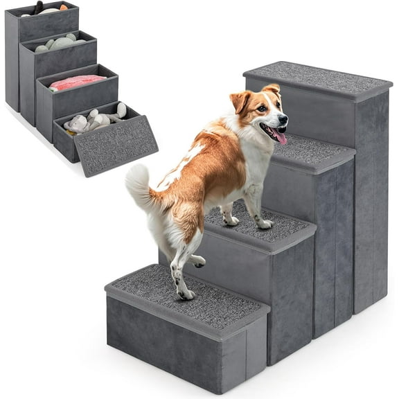 Dog Stairs with Storage - 23" H Folding 4-Step Pet Stairs for Small and Medium Dogs, Non-Slip & Soft Adjustable Dog Steps for High Beds Couch Sofa Window, Gray