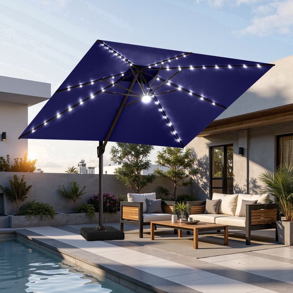 Crestlive Products Square Solar LED Cantilever Umbrella, 11FT, Includes 350lbs Umbrella base with Wheels, 360-degree Rotating, Red