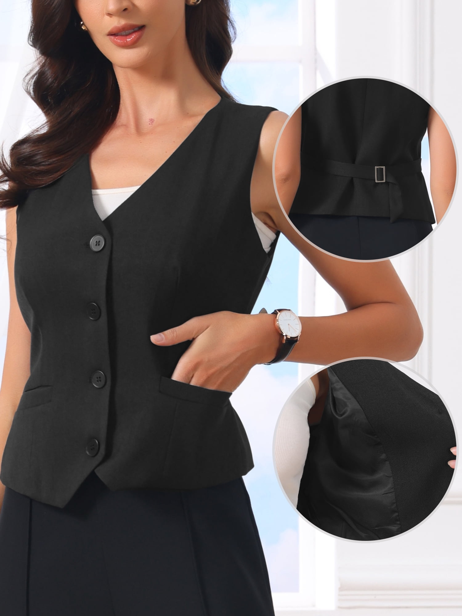 DARING DIVA Women's V Neck Sleeveless Button Down Striped Trendy Waistcoat XS Grey Black