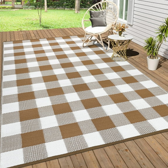 Hasoo 5' x 8' Brown/White Outdoor Rug Plastic Straw Rug Geometric Grid Waterproof PP Tube Woven Picnic Mat for Patio Decor Porch Balcony Picnic Rug