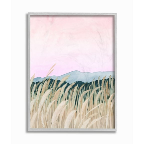 Stupell Industries Wheat Field Dawn Green Pink Watercolor Painting Gray Framed Art Print Wall Art, 11x14, by Grace Popp