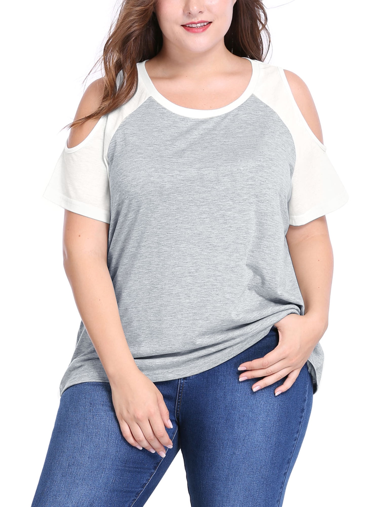 Agnes Orinda Women's Plus Size Summer Color Block Short Sleeves Cold Shoulder Tops