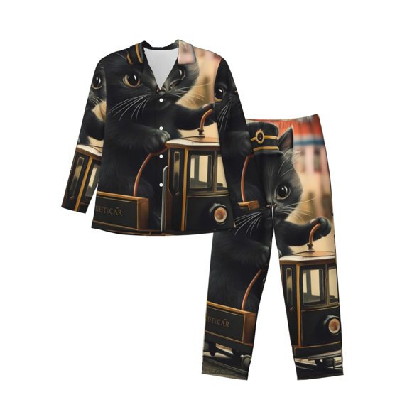 Balery Adorable Kitten On Mini Train Pijama para Hombre de Dos Piezas con Manga Larga, Conjunto de Dormir y Descanso Suave con Bolsillos-Small