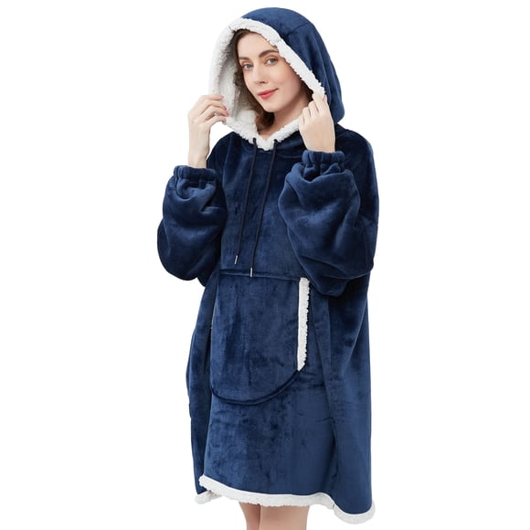 Viviland Chandail à Capuchon Sherpa Couverture Chandail en Molleton Doux Chaud Grande Poche avant Couvertures Tv pour Adulte, Bleu Marine
