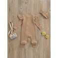 thumbnail image 4 of Xingqing Newborn Baby Girl Fall Clothes Solid Color Ribbed Long Sleeve Zip-Up Footed Romper + Headband Set, 4 of 7