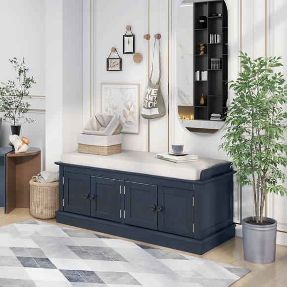 OUDOSPRS Banc de Rangement Rembourré avec 4 Portes et Coussin Amovible, Banc à Chaussures en Bois avec Tablettes Ajustables pour Entrée, Salon, Bleu Marine Antique
