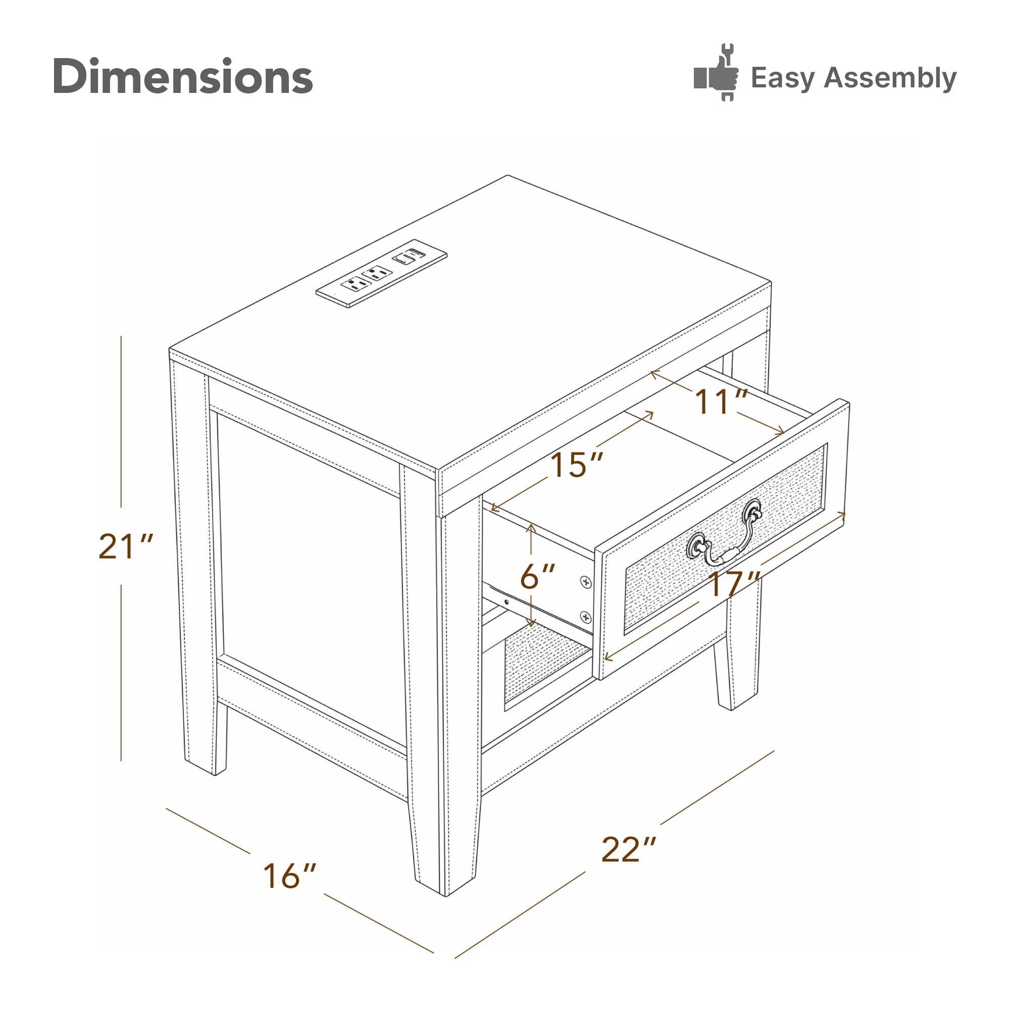 Spruce & Spring Modern Transitional Nightstand, 2-Drawer End Table with Charging Station, Fabric Drawer Front, White Oak Wood Finish