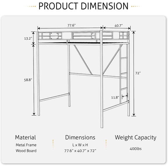 Twin Loft Bed with Ladder and Guardrail Rustic Metal Frame Space Saving Dorm Furniture