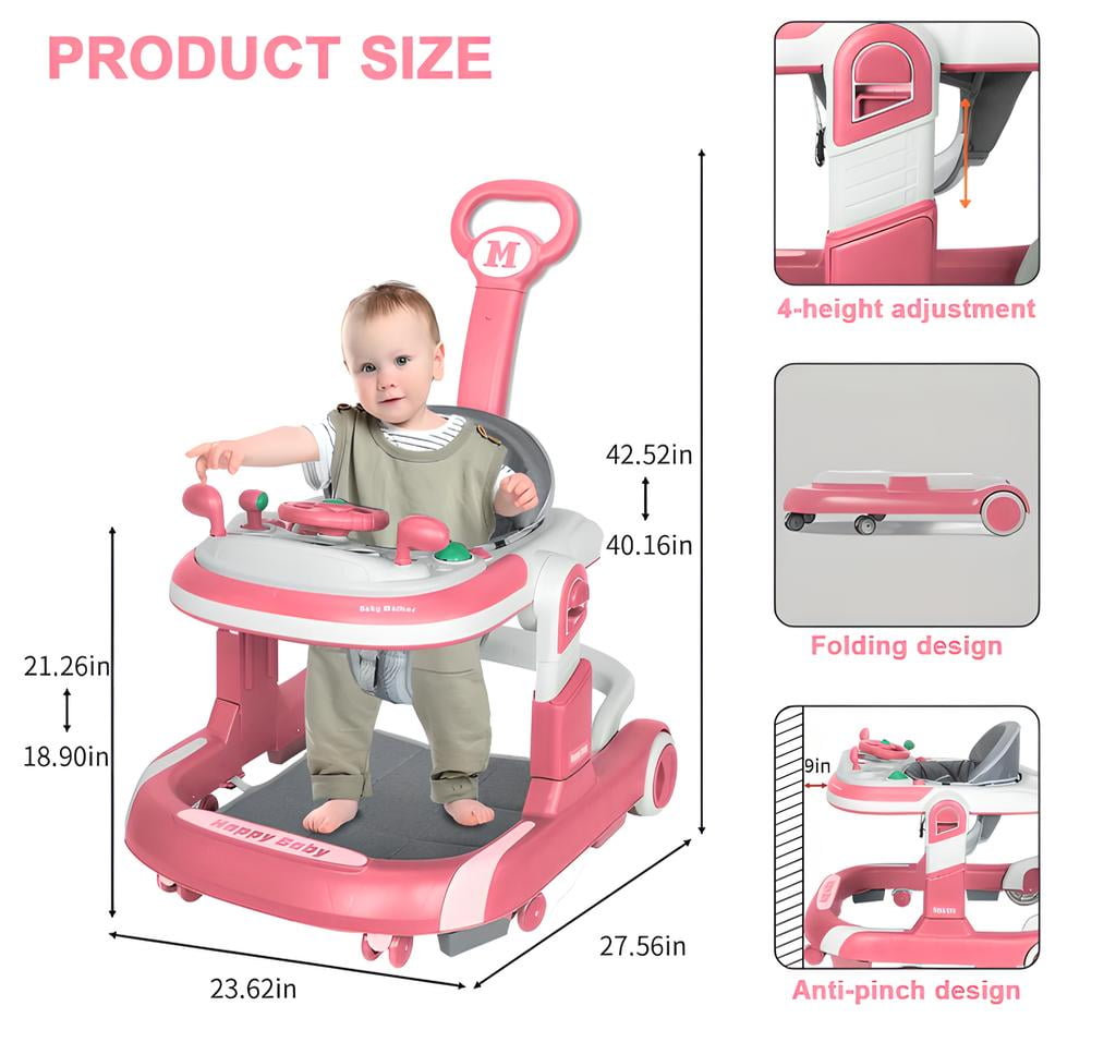 LUOLUO 5-in-1 Foldable Baby Walker with Foot Pads/Handles for Boys and Girls 6-24 Months,Height-Adjustable Push Walker, Pink