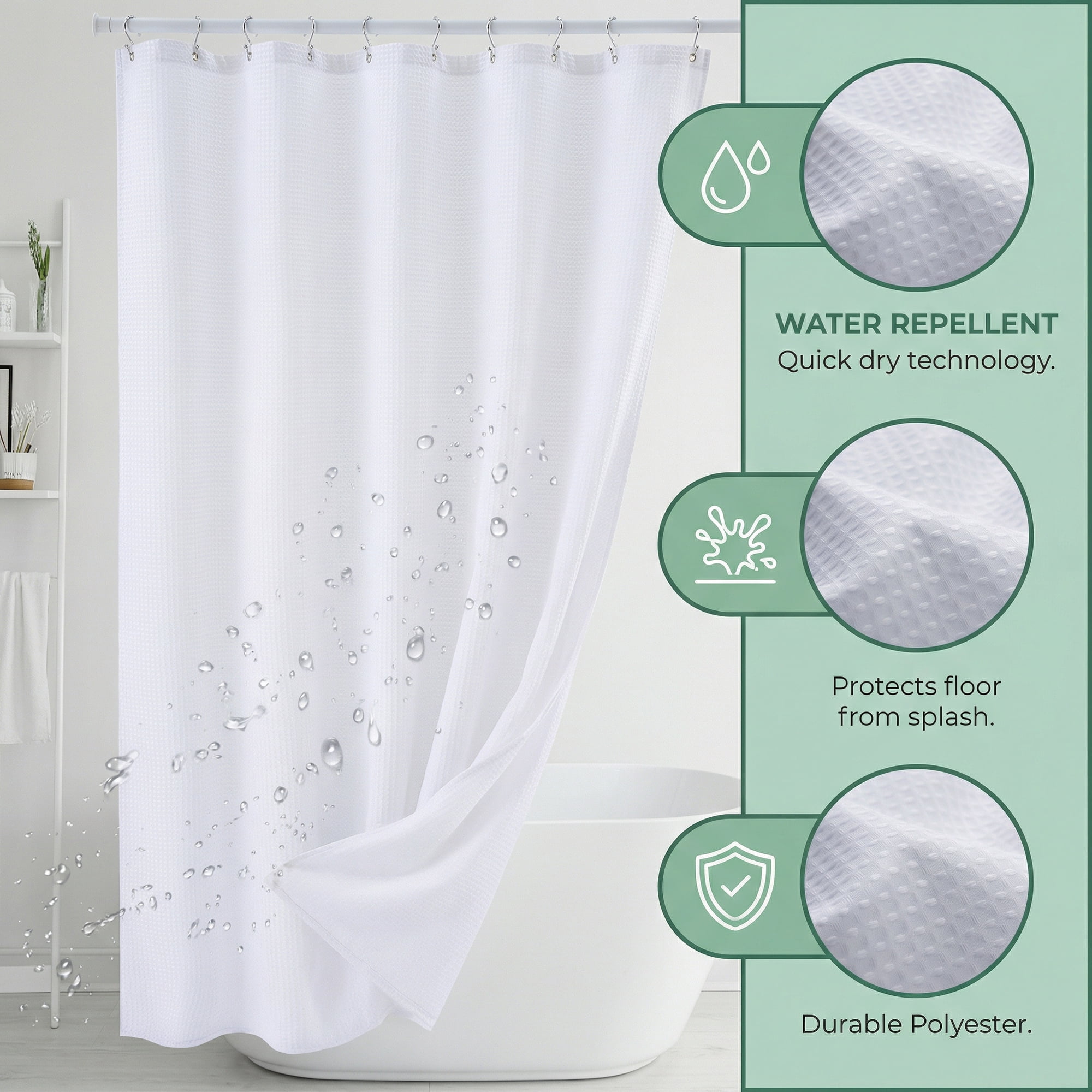 Unique Bargains Modern Waffle Weave Shower Curtain with 12 Hooks White 71"W x 71"L