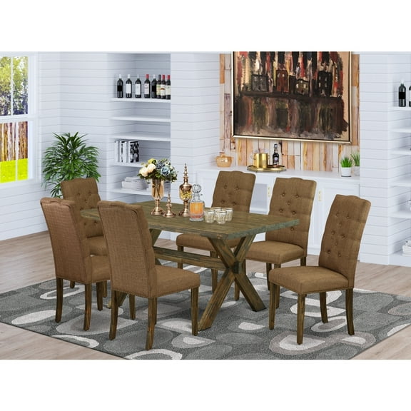 Medieval Dining Table Set - 7 Piece Rectangular Table with 6 Parson Chairs - Solid Wood Dining Room Set