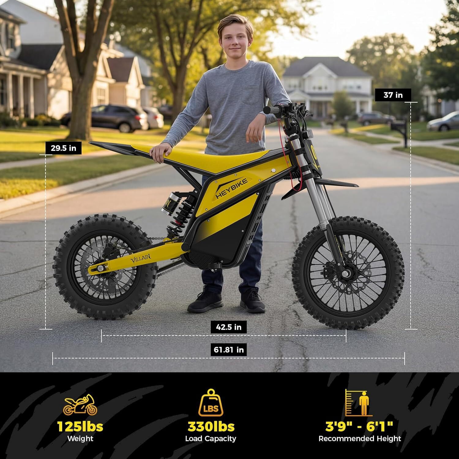 Heybike Villain Electric Dirt Bike for Adults, 52V 26AH Battery Ebike, 14"/12" Fat Tire Electric Motorcycle for Teens, UL 2849