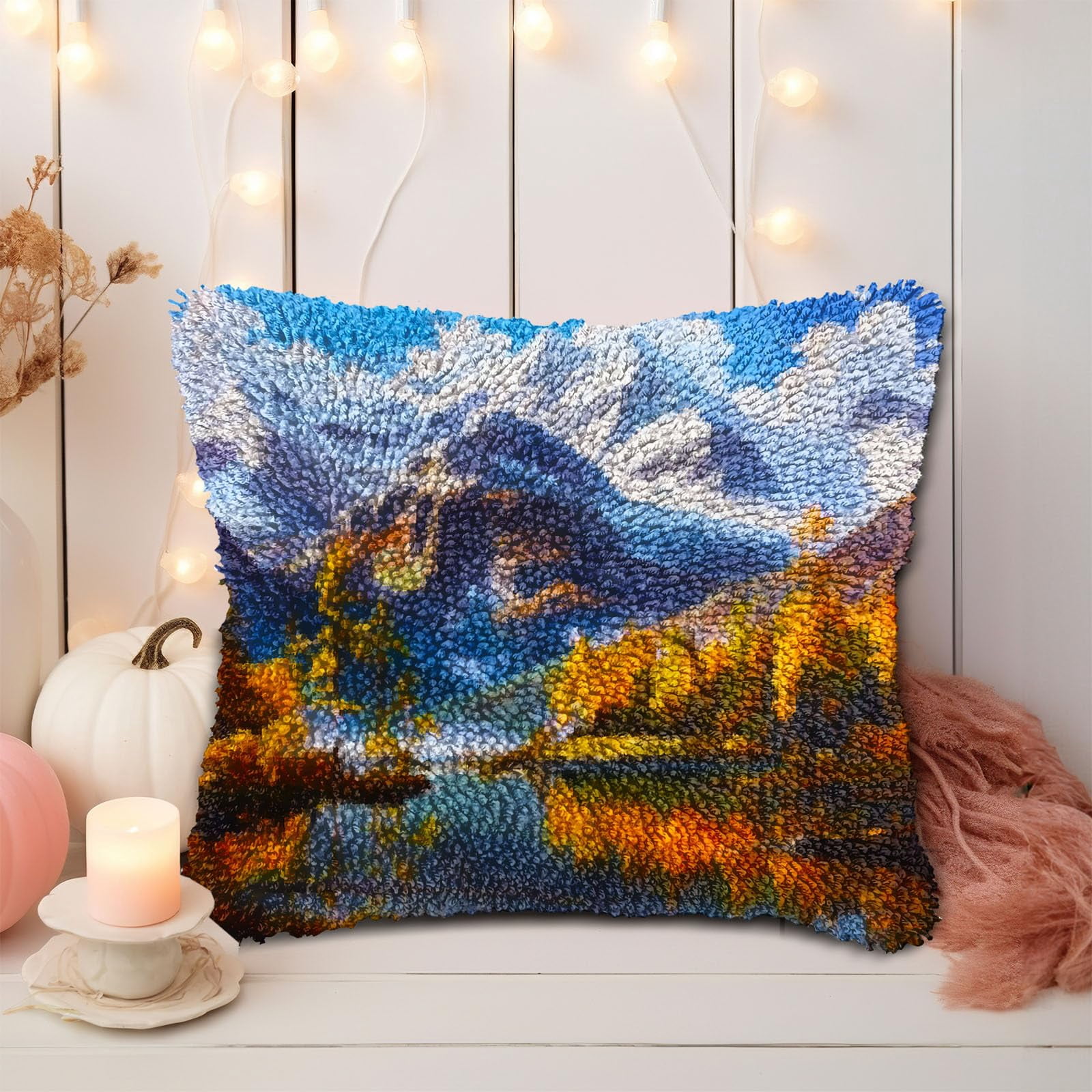 Natural Landscape of Lake Mountain DIY Latch Hook Pillow Kits for Adults Printed Pillowcase Crochet Yarns Hooking Handmade Pillow Cover Cushion for Home Sofa Decoration 17x17inch(1)