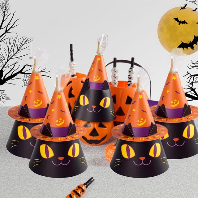 10 bolsas de regalo con diseños de gatos para Halloween, bolsas de dulces y bolsas de alambre dorado OPP