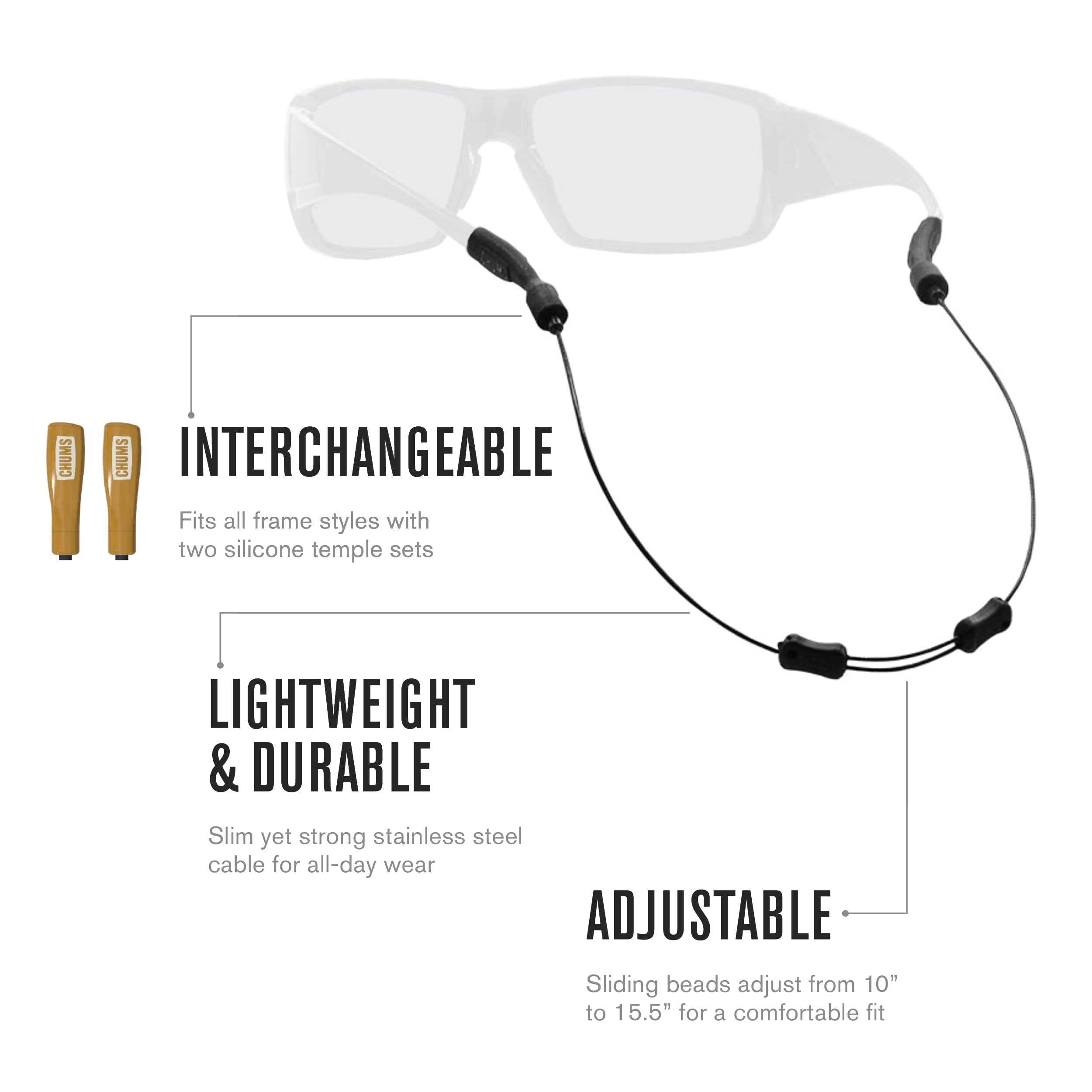 Chums Tideline Adjustable Black Ultra Lightweight Stainless Steel Eyewear Retainer
