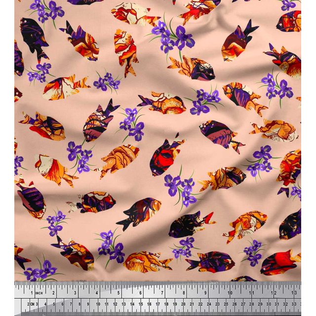 Soimoi Cotton Duck Fabric Floral & Textured Fish Ocean Print Fabric by The Yard 42 Inch Wide