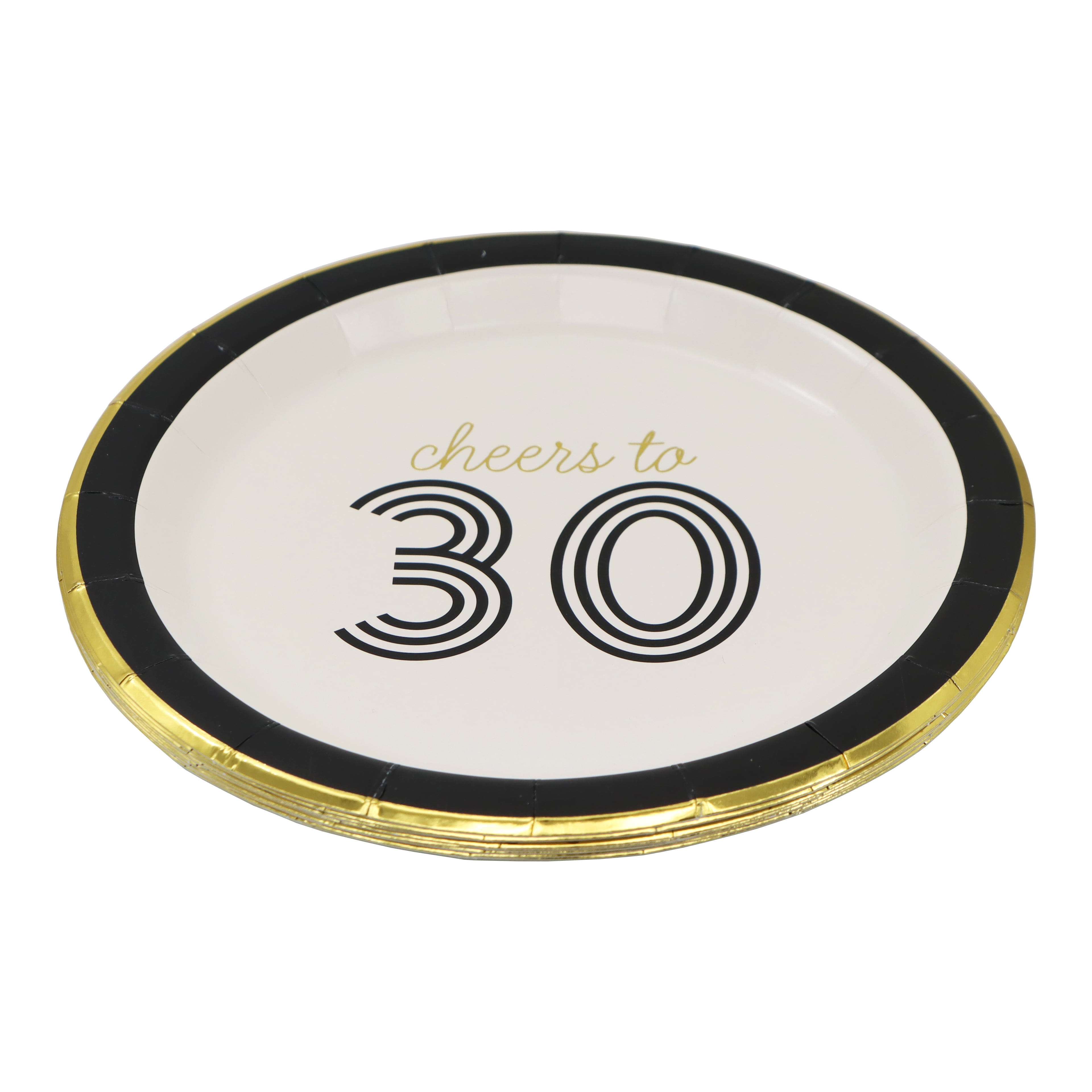 Celebrate It Paper Dinner Plates - "Cheers to 30" Gold-Foil Birthday Plates, Black/White/Gold, 7", 24 Packs (192 Total)