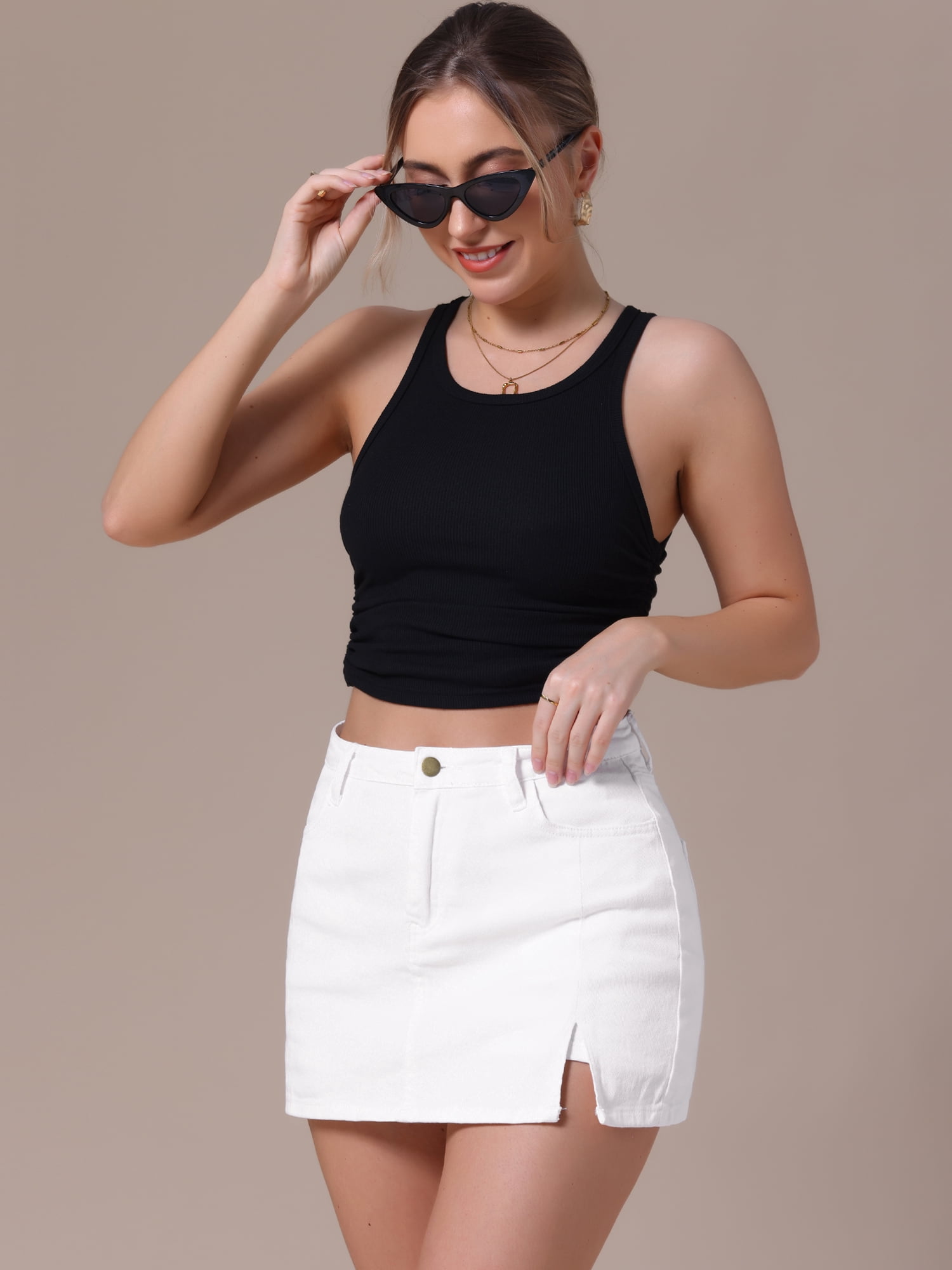 DARING DIVA Women's High Waisted A Line Stretchy Side Slit Mini Denim Skirt 2XL White