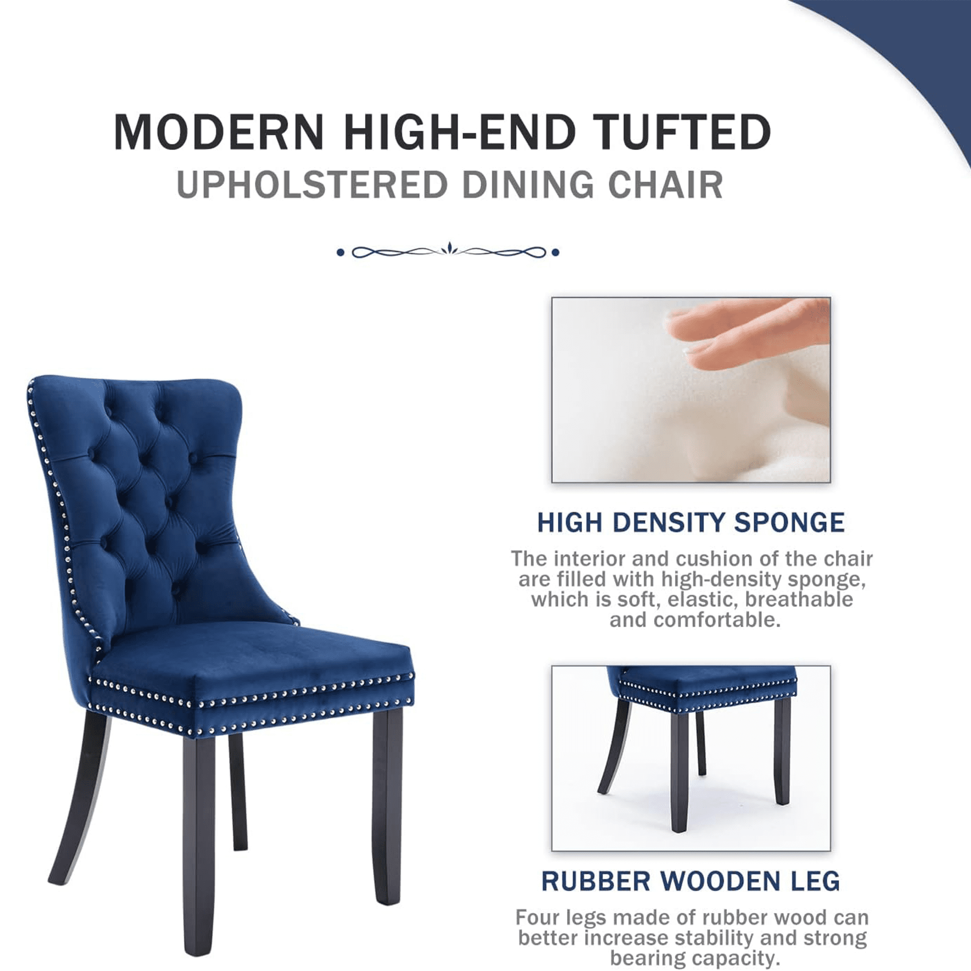 LegaHome Dining Chairs Set of 2, Velvet Upholstered Dining Chair with Nailhead Trim&Solid Wood Legs, Button Padded Dining Chairs Set for Kitchen Dining Room Living Room, Blue