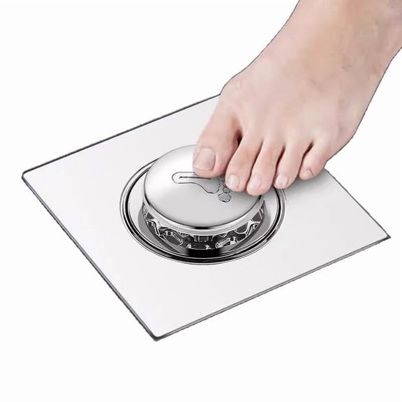 Surpdew 4Inch Square Floor Drain, 304 Stainless Steel With Removable Hair Catcher Cover Grate Parts Shower Drain With Sewer Gas Preventer For Kitchen Balcony Garage Silver