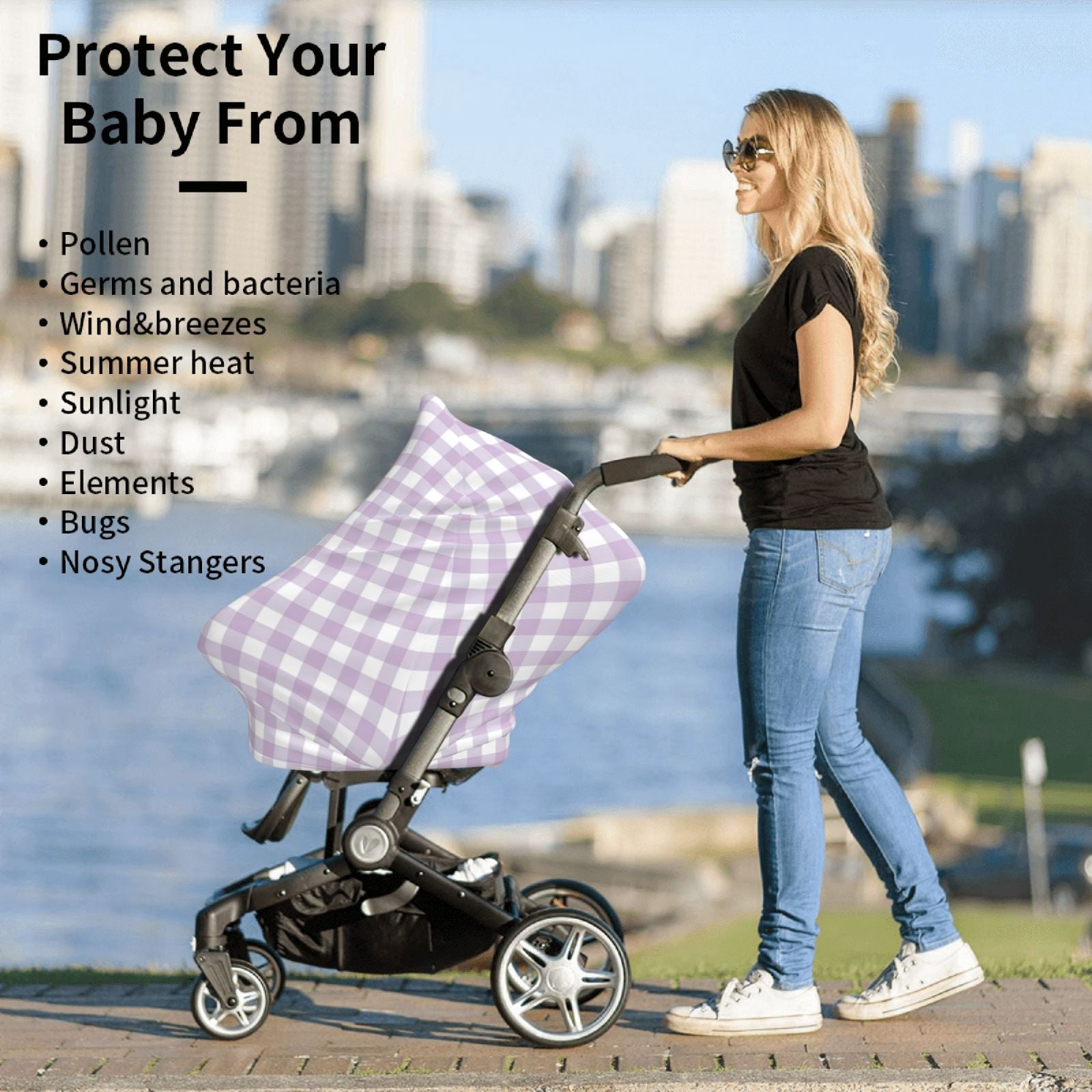 Fotbe Purple Checkboard Pattern Car Seat Covers for Babies, Nursing Breastfeeding Cover Infant Carseat Canopy, Soft Stretchy Carrier Cover