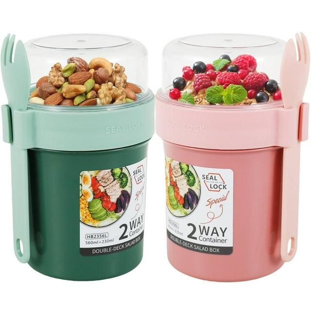 2Pcs Overnight Oat Cups with Lid Spoon 790ml Double Layer Breakfast Salad Cups Portable Sealed Overnight Oat Jar Reusable Lightweight On The Go Yogurt Pots for Fruit Salad Cereals
