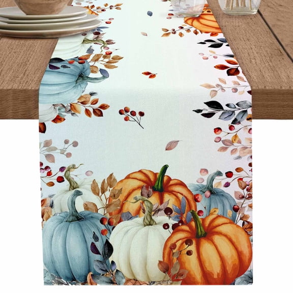 nqOlkjepod Orange Blue Pumpkin Fall Table Runner 48 Inches Long Farmhouse Dress Scarves, Thanksgiving Eucalyptus Leaves Dining Tablerunner for Coffee Table/Kitchen Island/Party Décor, 13" x 48"