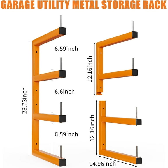 4-Pack Lumber Storage Rack, Wood Storage Racks Wall Mount, Heavy Duty Garage Wood Organizer With 8-Level System, Orange Utility Rack Organization Up 1600 Lbs, Metal Lumber Shelf for Indoor & Outdoor
