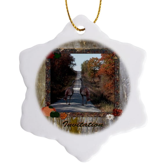 3drose, Two Turkey Road Trip, Thanksgiving Invitation, Frame, 3 inch Snowflake Porcelain Ornament