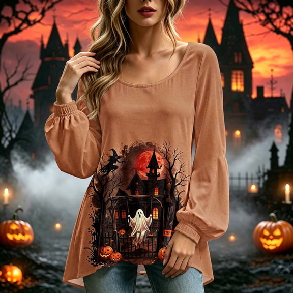 Halloween Shirts for Women Spooky Ghost Graphic Tunic Tops Long Balloon Sleeve Loose Casual Fall Blouses Holiday Party Costumes Apparel