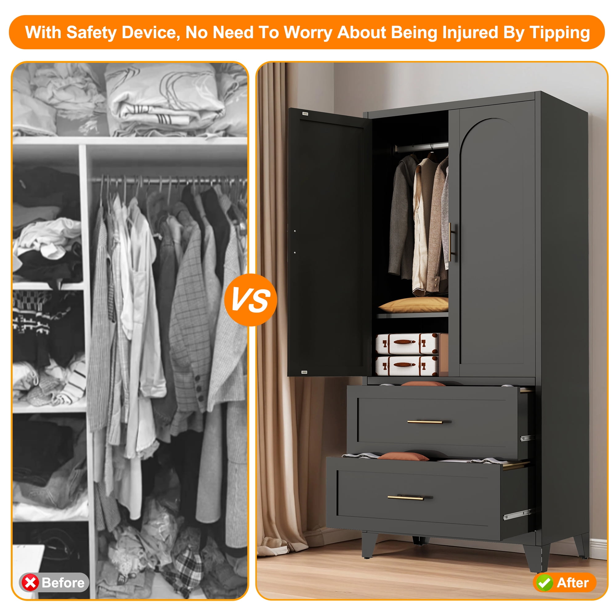 Miniyam 71" Tall Metal Wardrobe Cabinet with 2 Drawers & Hanging Rod, 2-Door Storage Closet for Bedroom Office Laundry Room (Black)