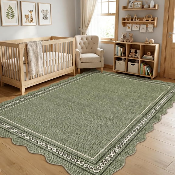 5x7 Washable Scalloped Area Rug Non Slip Low Pile for Living Room Bedroom Green
