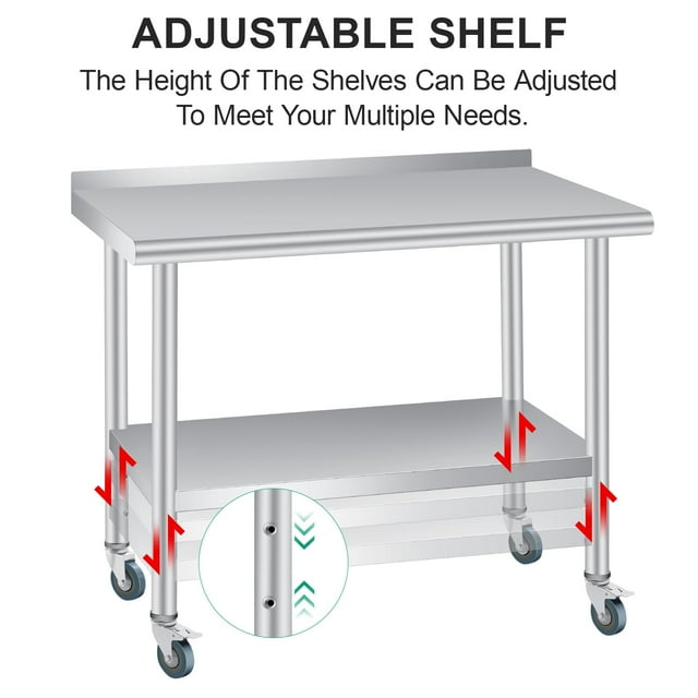 BeesClover Table de Préparation en Acier Inoxydable, 36*24/48*24/60*24 Pouces, avec Dosseret, Tablette Inférieure Réglable et 4 Roulettes, Table Commerciale Robuste avec Tablette Inférieure Réglable pour Usage Extérieur