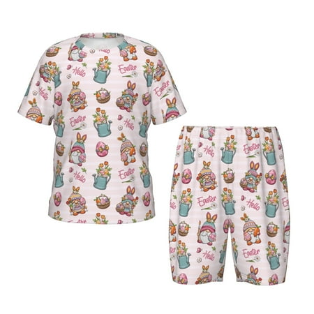 Lukts Hello Easter Print Unisex Kids Pajama Sets Summer Short Sleeve With Shorts Sleepwear Silky Button Down Loungewear 2PCS Nightwear-Small