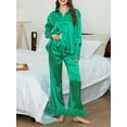 thumbnail image 2 of Womens Silk Satin Pajamas Set Loungewear Feather Trim 2 Piece Sleepwear Lapel Button-Down Pj Set, 2 of 7