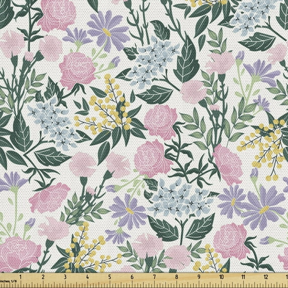 Off White Fabric by the Yard, Arrangement of Colorful Flowers and Leaves Clutter of Garden Art Elements, Decorative Upholstery Fabric for Sofas and Home Accents, 3 Yards, Multicolor by Ambesonne
