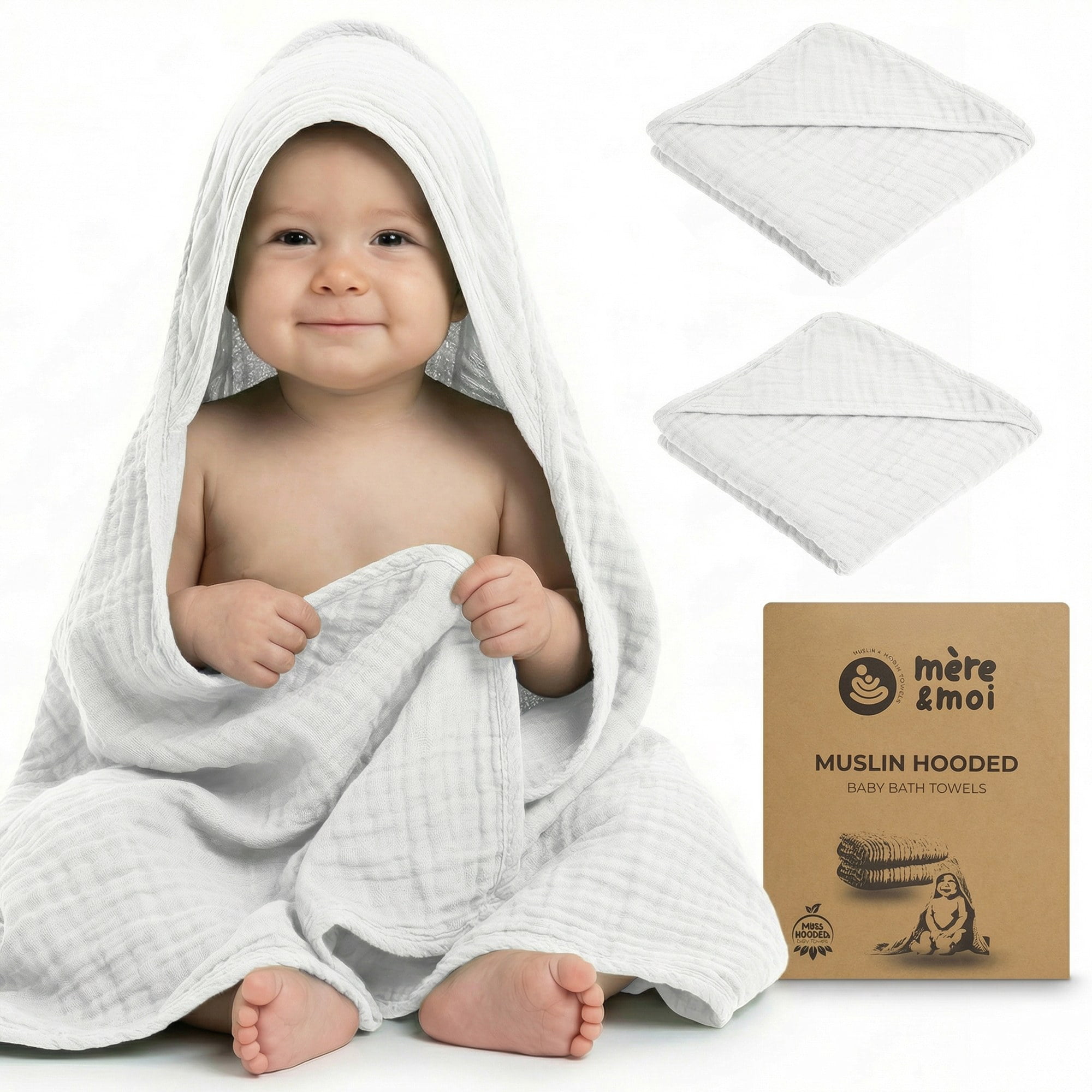 Mère & Moi: Muslin Hooded Baby Bath Towel – 2 Pack, White - 30", Ultra Soft Cotton, Absorbent, Quick-Dry, Oeko-TEX, Pool-Water, Newborn-Toddler Care