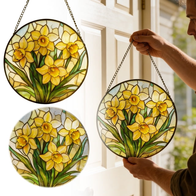 Outdor Daffodil Stained Glass Window Hanging Yellow With Metal Chain Round Floral Stained Glass For Window Wall Garden Day For