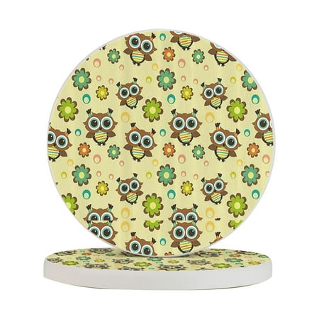 

Circular Drink Coasters Set Cute Owls With Flowers Beautiful Home Decor Diatomite Heat-Resistant Diatomite Protect Table Countertop