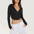 thumbnail image 3 of Blusa Mangas Largas Top con cuello en V profundo, parte superior con botones, camisa básica informal ajustada para mujer Ygjytge Negro T L para Mujer, 3 of 5