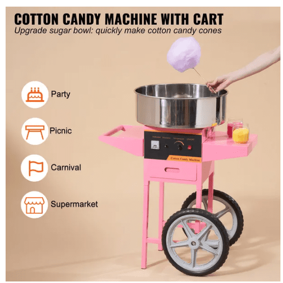 High Efficiency Commercial Cotton Candy Machine with Cart Fast 5 6 Mins Warm Up Anti Sugar Floc Leakage Design Perfect for Home Kids Birthday Family Party Pink